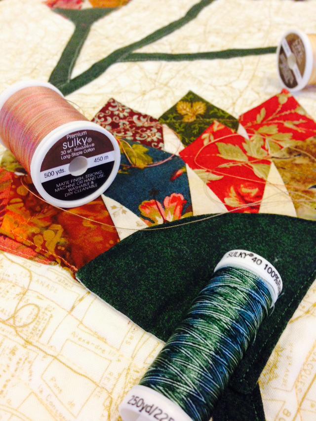When choosing threads for my quilting, I almost always use a variegated or Sulky Cotton Blendables thread.