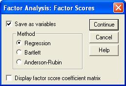 Scores Se poate cere salvarea ca noi variabile a scorurilor factoriale finale, fiecare factor producând o variabilă.