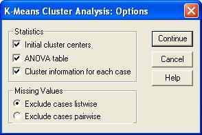 informaţii ca noi variabile. Cluster membership se salvează ca valori 1 k apartenenţa la clusterele finale.