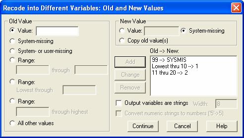 variabilelor în lista Numeric Variable Output Variable, se completează numele şi eventual eticheta noii variabile în Output Variable după care se acţionează Change.