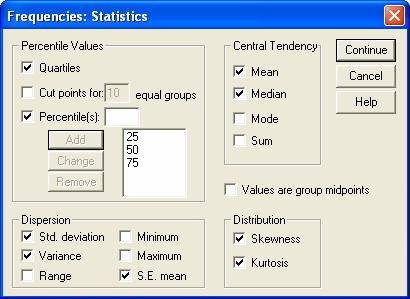 La acţionarea butonului Statistics, se afişează dialogul Frequencies: Statistics în care se pot activa opţiunile corespunzătoare indicatorilor de tendinţă
