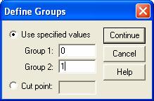identifică grupurile (Grouping Variable) şi se iniţiază dialogul Define Groups