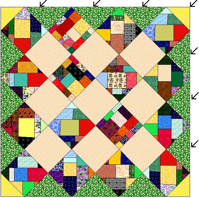 The yellow triangle blocks in this quilt are the corners. Add one inch to the finished block measurement and cut two squares that size.