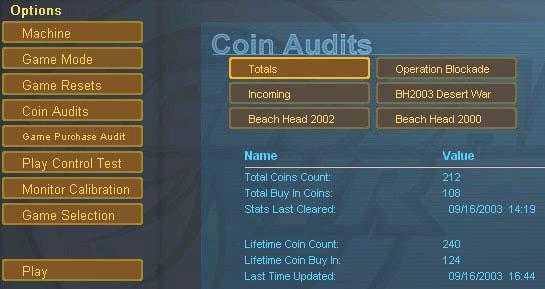 Chapter 4 Game Operator Menu Coin Audits The Coin Audit menu shows the total number of coins collected for each game, and the cabinet total, as well as the last date and time the stats were reset.