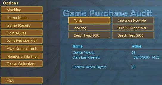 Game Purchase Audit The Game Purchase Audit menu shows the total number of Games Played for each game, and the cabinet total, as well as the last date and time the stats were reset.