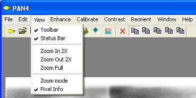 List All. The changes (processing functions) applied to an image are listed. 3.3 View Toolbar. Toggles OFF and ON the toolbar. Status Bar. When toggled shows the status of the program at the bottom.