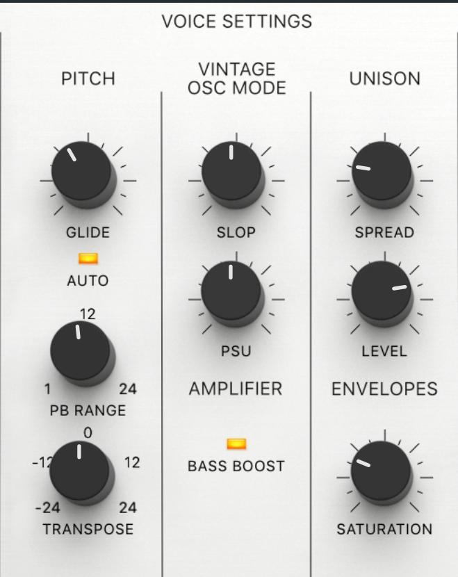 Voice settings Voice settings are available on Panel 2. (Press corresponding button in control panel section). PITCH GLIDE portamento speed when synth is in mono/unison mode.