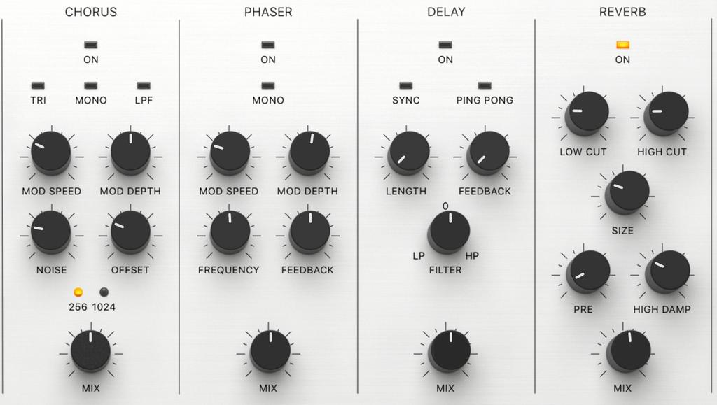 Eﬀects Zeeon is equipped with 4 eﬀects: chorus, phaser, delay and reverb. You can turn oﬀ / on the whole eﬀect section by tapping FX ON button on the control panel.