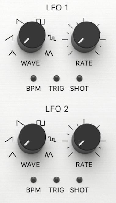 rate is synchronised with host tempo TRIG - LFO cycle will be restarted each time you play a new note SHOT - LFO will generate only one cycle each time you play a new note.
