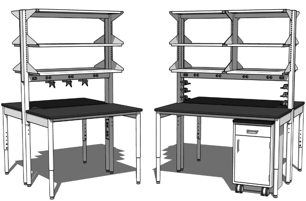 Double-sided Workstations Features: Self-supporting workstations Pre-plumbed integrated services May be used individually or in multi bench assemblies Adjustable height worksurfaces
