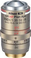 CFI SR HP Plan Apochromat Lambda S 100XC Sil By using silicone oil that has a refractive index closely matching that of live cells as its immersion liquid, this lens allows high resolution imaging of