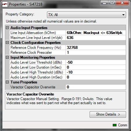 5.5. FM Transmitter Settings (Analog Mode) Property Window Si47xx-EVB FM transmitter settings can be configured through the properties window by selecting Window Properties.