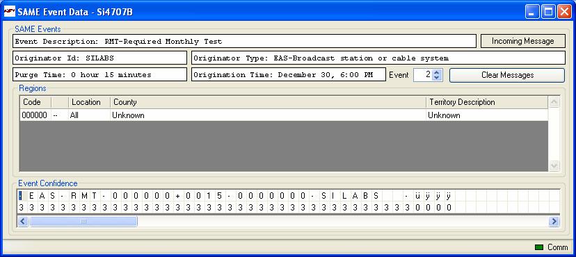 7.6. Weather Band Receiver SAME Event Data (Si4707 only) Si47xx-EVB The SAME Event Data window allows the user to view the SAME message description, originator ID, originator type, purge time,