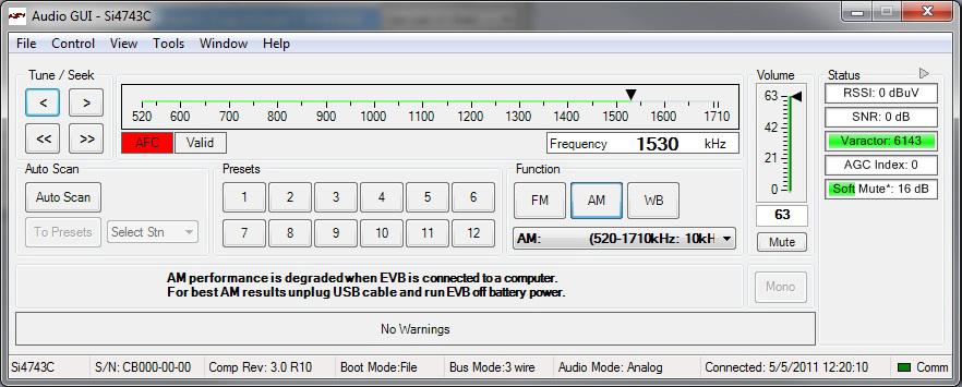 8.2. AM Receiver Main Window The AM receiver main window will appear after initialization. Figure 77. AM Receiver Window Table 25.