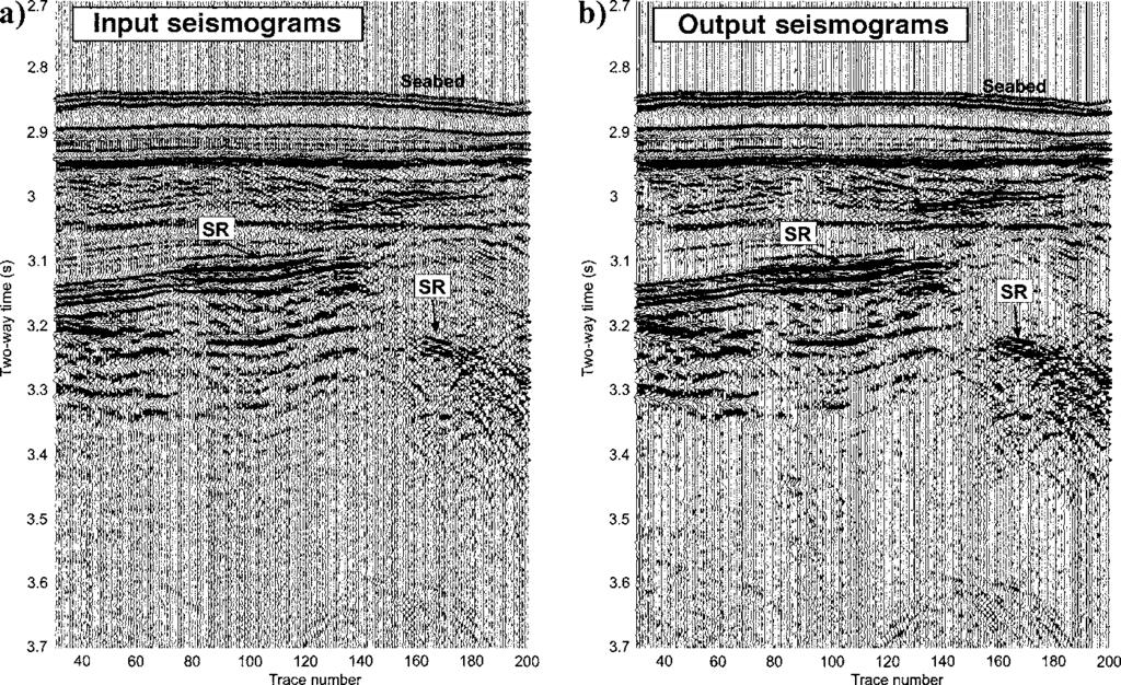 Complex trace transformation V85 reflective horizon located at about 1.3 s. Figure 9b shows the result of the application of CTT method to the seismic data for T w equal to 275 ms.