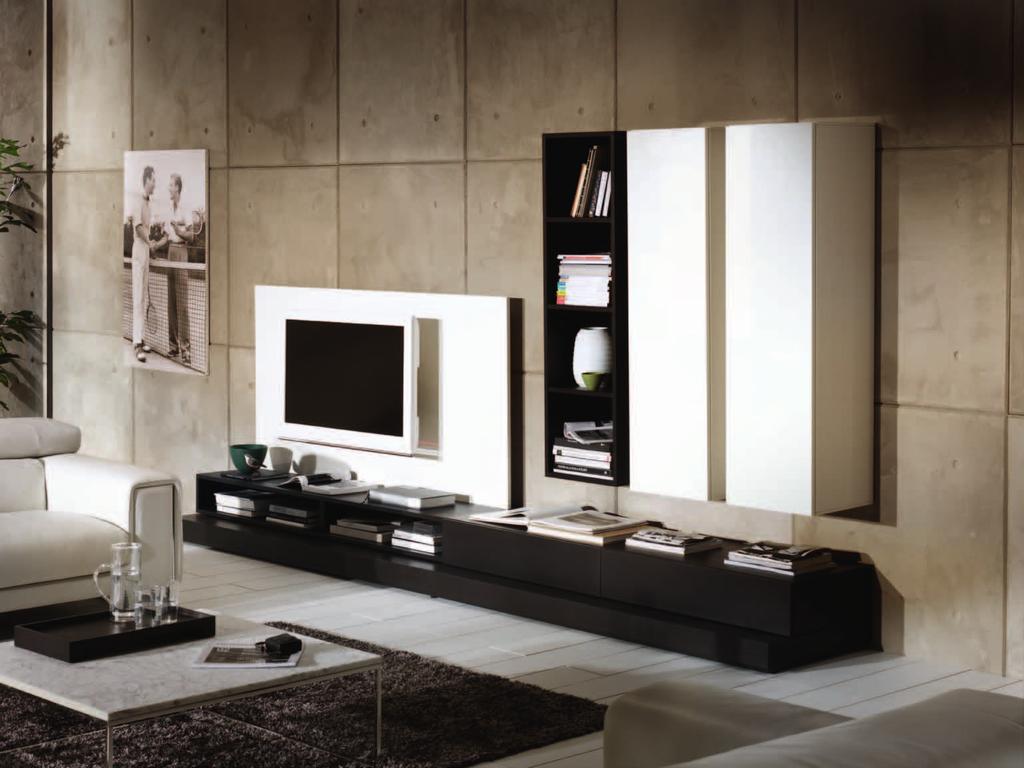 Wall System Wall system Novecento with benches (186 cm), drawers (186 cm) and DVD holder (186 cm) in coffee oak veneer.