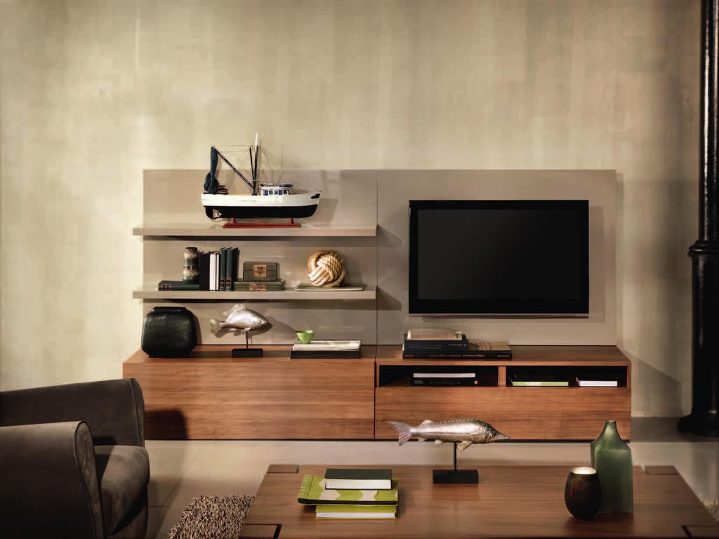 Wall System Wall system Novecento with large drawer (124 cm) and storage with DVD holder (124 cm) in