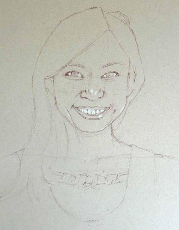 Tutorial 3: Young Woman Stage 1 Tape the paper to a board, smooth side uppermost; try a grey pink paper for this portrait.