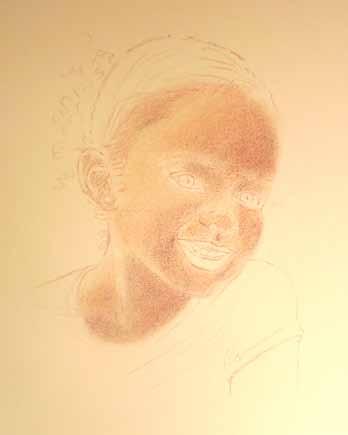 Stage 2 Lightly colour in the flesh tones with the side of the pencil using Yellow Ochre then