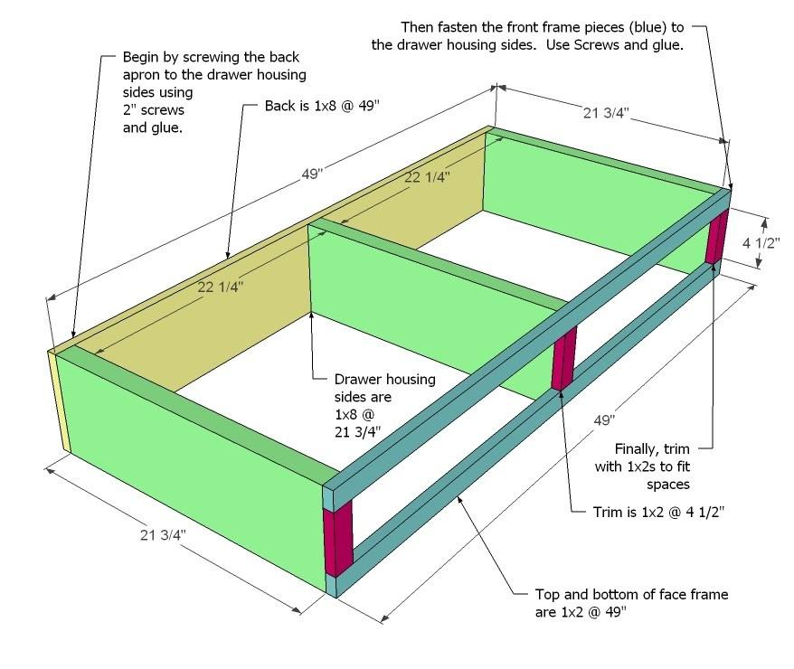 [22] Drawer Housing. As shown above, build the drawer housing. Start by fastening the back apron to the drawer housing sides. Use the measurements above to guide you.
