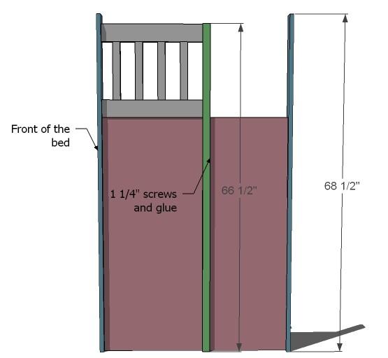 to the legs with either pocket hole screws from the plywood and railing into the legs or with 2 screws (predrilled) from the exterior of the legs into the plywood panel.