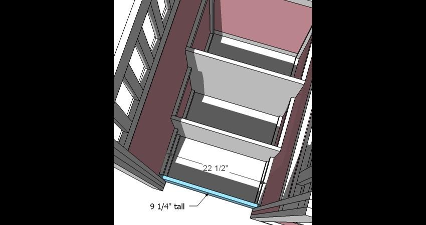 [28] Step 21: 1 3/4 Plywood or MDF @ 22 1/2 x 9 1/4 Bottom Stair Plywood Slide the bottom stair plywood in place. It should fit snugly.
