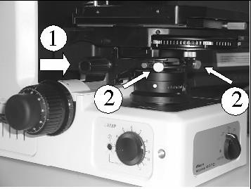 5.2 Focus field diaphragm by moving condenser UP or DOWN (1) 5.3 Center field diaphragm using condenser centering screws (2) 5.4.