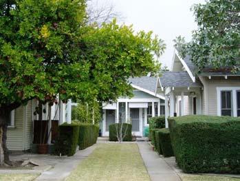 Bungalow courts tend to be in a U shape around a central courtyard.