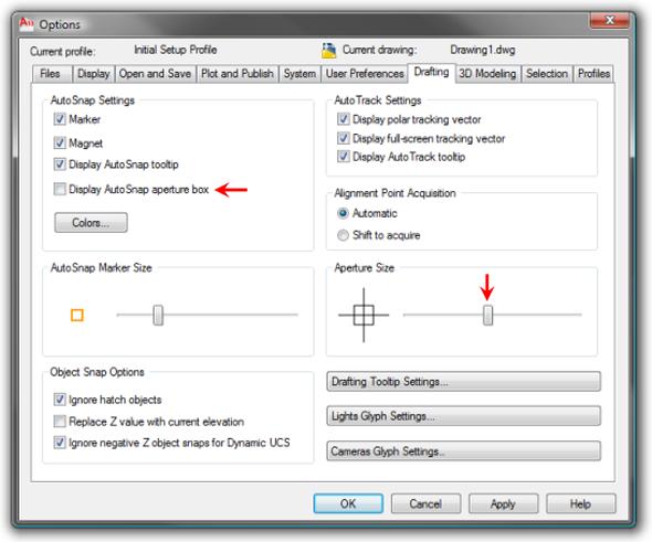 Options Dialog Box: Drafting Settings Tab Under AutoSnap settings, place a check mark in the box next to the AutoSnap Aperture Box.