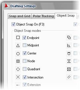 In the Drafting Settings dialog box, Object Snap tab, set the running object snaps as shown in the following illustration. Clear all object snaps in the column on the right-side. Click OK. 4.