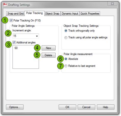 Drafting Settings Dialog Box: Polar Tracking Tab Use the following options to control various aspects of the polar tracking feature. Select to turn on polar tracking.