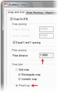 4. 5. 126 On the Snap and Grid tab: Click PolarSnap. Enter 1 in the Polar Distance field. On the Object Snap tab: Make sure Endpoint and Node are selected. Click OK.