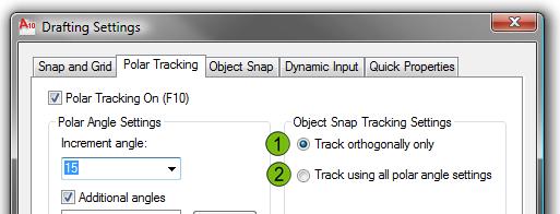 In the Polar Tracking tab, you can choose whether to track Orthogonally Only (simplest method) or to Track using all polar angle settings.