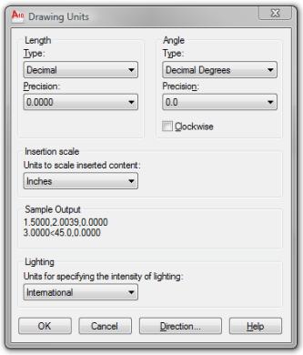 Drawing Units Dialog Box When you start the Units command, the Drawing Units dialog box is displayed. You set the unit types for length, angle, and insertion scale.