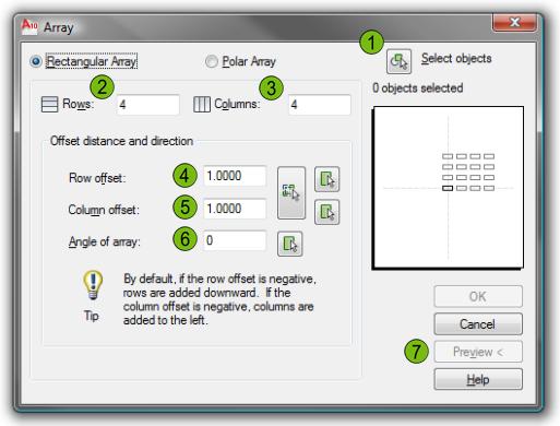 Array Dialog Box: Rectangular Array Click to select the object(s) to include in the array. Enter the number of rows (horizontal patterns) for the array.