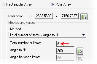 In the Center Point fields, enter the X and Y coordinates for the center point of the array, or click Pick Center Point to select the center point in the drawing. 4. 5.