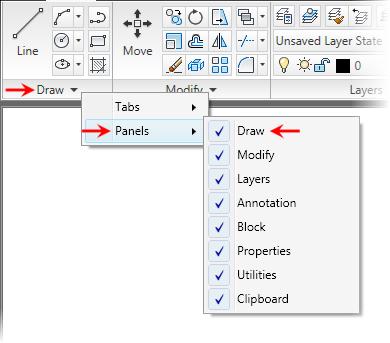 Panel Visibility To turn specific panels on or off, right-click in the ribbon and select Panels. Select to display or remove panels from the ribbon tab.