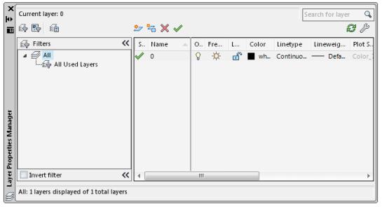 The following illustration shows the Layer Properties Manager dialog box in a drawing created from acad.dwt. The only layer present is 0.