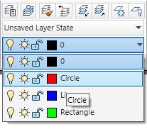 Create the following layers: Layer Name: Circle, Color: Red Layer Name: Line, Color: Blue Layer Name: Rectangle, Color: Green Note: If you enter the layer name and then a comma, a new layer name