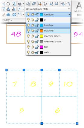 7. To move some machines to another layer: Select the machines labeled 5 through 10 without selecting the numerical label. On the Home tab, click Layers panel > Layer.