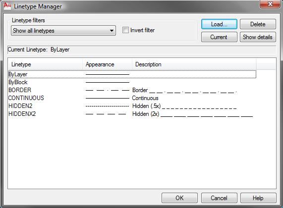 About the Linetype Manager The Linetype Manager dialog box displays all of the linetypes that are currently loaded in the drawing. To load additional linetypes, click Load.