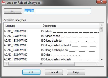 Loading Linetypes When you select Load from the Linetype Manager dialog box a list of linetypes provided by AutoCAD appears that lets you add additional linetypes to the drawing.