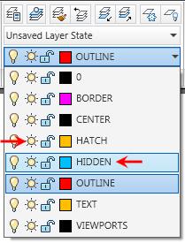 6. Before drawing the hidden lines, make the HIDDEN layer current. Freeze the HATCH layer and select the appropriate object snap settings: On the Home tab, click Layers panel > Layer list.