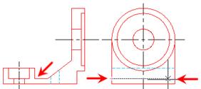 7. 8. Use the same technique to draw the hidden lines in the side view: Using the line command, track the endpoint of the corner in the front view as indicated (do not select this endpoint!).