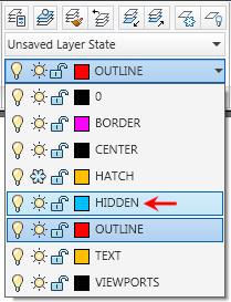 Select the endpoint on the right and drag it to the endpoint object snap of the vertical hidden line as indicated below. Use the intersection or perpendicular object snap mode.