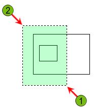 3. To stretch the large rectangle and move the small rectangle using the Stretch command: Begin the Stretch command. Begin an implied crossing window first at point (1) then at point (2).