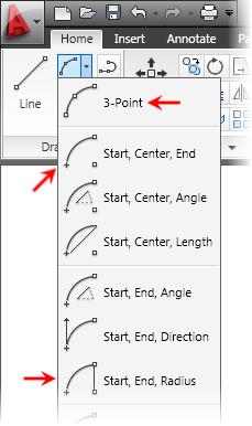 Command Options Arc options can be accessed from the drop-down menu next to the Arc button. The most common Arc options are indicated by red arrows in the following illustration.