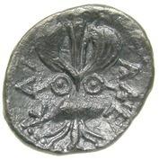 The reverse of our coin bears the winged thunderbolt of Zeus, for Greek legend had it that Dionysus was the son of Zeus.