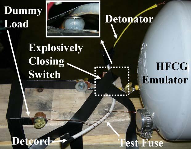 Figure 5. Image of complete system including HFCG simulator, explosively closing switch, detcord delay line, fuse wire under test, and low inductance load. Figure 7.