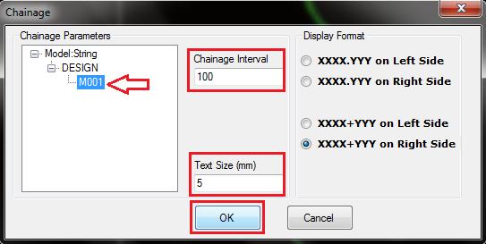 Next, the Dialog box will come for Chainage, Select String M001 and enter other data as shown, Click on button OK, the Chainages will be displayed along the alignment, which will not be in the saved